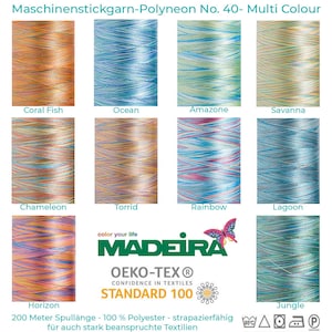 May include: Assortment of colorful embroidery floss spools with names like Coral Fish, Ocean, Amazone, Savanna, Chameleon, Torrid, Rainbow, Lagoon, Horizon, and Jungle. The spools are arranged in a grid pattern and feature the Madeira brand logo and Oeko-Tex Standard 100 certification.