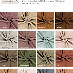 Może przedstawiać: Tabela kolorów z 12 różnymi próbkami dzianiny o strukturze prążkowanej. Próbki są ułożone w cztery rzędy po trzy. Kolory obejmują: fioletowy, beżowy, karmelowy, brązowy, jasnoszary, jasnofioletowy, jasnoniebieski, łososiowy, taupe, oliwkowy, brązowy i koralowy.