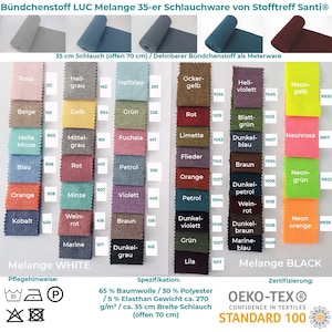 Könnte beinhalten: Eine Farbmusterkarte mit 35 verschiedenen Farben von Stoff. Der Stoff ist ein 35 cm breiter Strickstoff mit einer Mischung aus 65 % Baumwolle, 30 % Polyester und 5 % Elasthan. Der Stoff ist nach Oeko-Tex Standard 100 zertifiziert. Die Karte enthält Pflegehinweise für den Stoff.