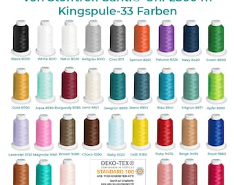 May include: A collection of 33 spools of Madeira Aerolock 125 overlock thread in various colors. The spools are arranged in rows, with each labeled with a color name and number. The image includes text indicating the thread is OEKO-TEX certified.