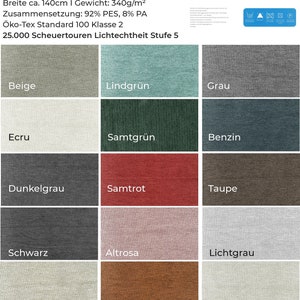 Può includere: Una cartella colori che mostra campioni di tessuto in vari colori, tra cui beige, ecrù, grigio scuro, nero, crema, grigio chiaro, verde chiaro, verde velluto, rosso velluto, rosa chiaro, marrone, ocra, grigio, blu petrolio, topo, grigio chiaro, naturale e petrolio. La cartella è etichettata "Polsterstoff KOKO" e include dettagli sul tessuto, come la larghezza, il peso, la composizione e le istruzioni per la cura.