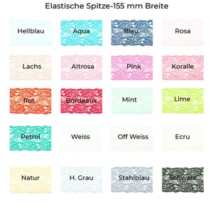 Puede incluir: Una tabla de 15 colores diferentes de encaje elástico, cada uno con 155 mm de ancho. Los colores incluyen azul claro, aguamarina, azul, rosa, salmón, rosa claro, coral, rojo, burdeos, menta, lima, azul verdoso, blanco, blanco roto, crudo, amarillo, gris claro, azul acero y negro.