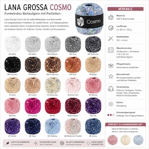 Op de afbeelding: Lana Grossa Cosmo garenbollen in vijfentwintig verschillende kleuren, elk met ingewerkte pailletten. De afbeelding toont een kleurenkaart met labels van 01 tot 25, inclusief technische specificaties zoals 100% katoen, 90 meter per 25 gram en 3,5-4 mm naaldgrootte.