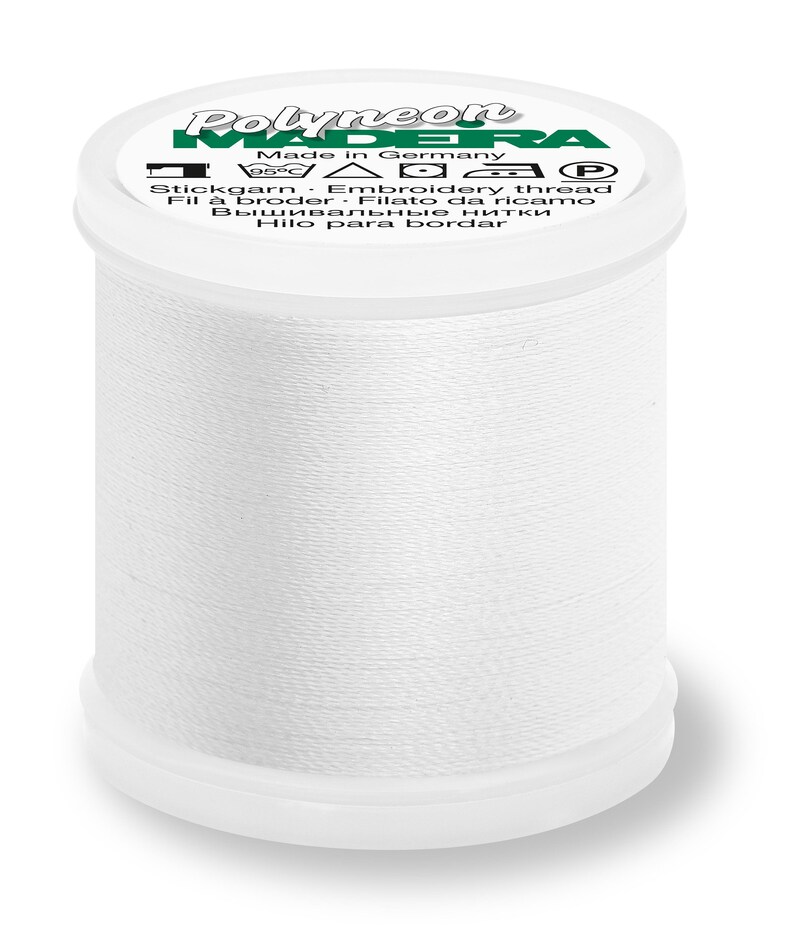 May include: A white spool of Polyneon Madeira embroidery thread. The label reads "Made in Germany" and includes instructions in multiple languages.