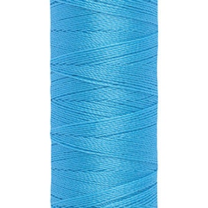 May include: A spool of G&uuml;termann Maraflex thread in a bright blue color. The spool is labeled with the brand name and the length of the thread: 150 m - 165 yds.