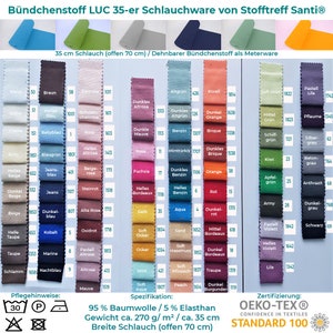 Könnte beinhalten: Eine Karte mit 35 verschiedenen Farbmustern von Stoffen mit ihren Namen und Nummern. Der Stoff wird als 35 cm breiter Stretch-Strickstoff mit einer Zusammensetzung aus 95 % Baumwolle und 5 % Elasthan beschrieben. Der Stoff ist nach Oeko-Tex Standard 100 zertifiziert.