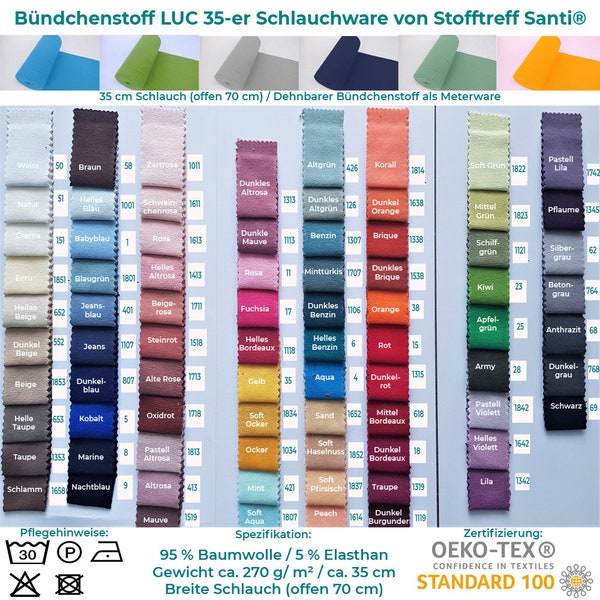 Bündchenstoff-LUC von Stofftreff Santi®-35-er Schlauchware-25 cm Schritte-Meterware-80 Farben UNI-dehnbarer, elastischer Bündchenstoff