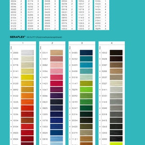 May include: A color chart with 100% PTT (Polytrimethylenterephthalat) thread samples. The chart is divided into four sections, each with a different color range. The colors include white, beige, yellow, orange, red, pink, blue, green, brown, and gray. The chart also includes the color code and the column number for each thread sample.