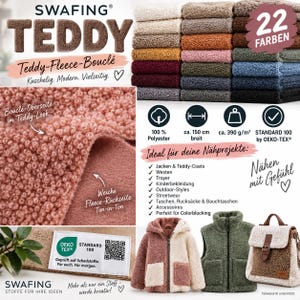 May include: Swafing Teddy fleece bouclé fabric in 22 colors. Features a textured bouclé front and a soft fleece back. Includes 100% polyester composition, 150 cm width, 390 g/m2 weight, and Oeko-Tex Standard 100 certification. Shown with finished garments.