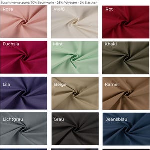 Peut inclure: Une carte de nuanciers présentant 12 couleurs différentes de tissu denim extensible. Le tissu est composé de 70% de coton, 28% de polyester et 2% d'élasthanne. Les couleurs sont : Rosa, Weiß, Rot, Fuchsia, Mint, Khaki, Lila, Beige, Kamel, Lichtgrau, Grau, Jeansblau, Royalblau, Marine et Schwarz.