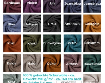 Puede incluir: Muestra de 20 retales de tela de lana en varios colores, desde burdeos hasta verde oscuro. El texto superior dice "Walkloden NAOMI-Melange-Walkstoff". La tela mide 140 cm de ancho y 3-4 mm de grosor y está hecha de lana 100% cocida.