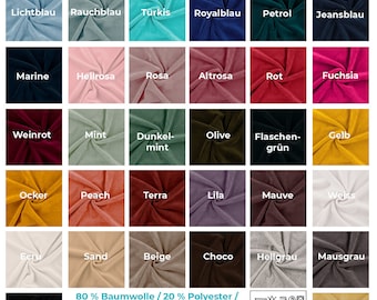 Könnte beinhalten: Eine Farbkarte mit 24 verschiedenen Stoffmustern. Die Muster sind in einem Raster von sechs Reihen und vier Spalten angeordnet. Die Muster sind mit folgenden Farben beschriftet: Hellblau, Rauchblau, Türkis, Königsblau, Petrol, Jeansblau, Marine, Rosa, Rose, Hellrosa, Rot, Fuchsia, Weinrot, Mint, Dunkelmint, Olive, Flaschengrün, Gelb, Ocker, Pfirsich, Terrakotta, Lila, Mauve, Weiß, Ecru, Sand, Beige, Schokolade, Hellgrau, Mausgrau, Schwarz und Hellgelb. Die Karte enthält auch Informationen über die Stoffzusammensetzung, das Gewicht und die Breite. 80% Baumwolle / 20% Polyester / ca. Gewicht 250 g/m² / ca. Breite 145 bis 150 cm.