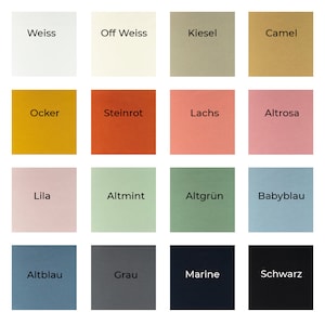 Può includere: Una cartella colori con 16 colori diversi, tra cui bianco, avorio, cammello, ocra, rosso mattone, salmone, rosa chiaro, lilla, menta, verde acqua, azzurro, blu scuro, grigio, blu navy e nero.