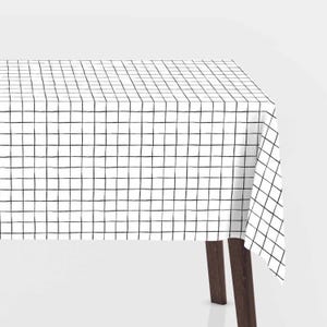 Könnte beinhalten: Weiße Tischdecke mit einem schwarzen Gittermuster. Die Tischdecke ist über einen Tisch mit dunkelbraunen Beinen gelegt.