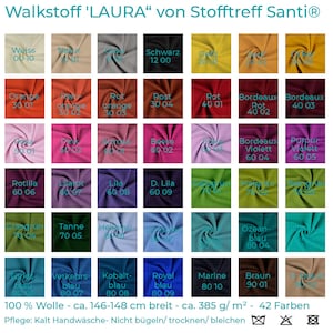 Könnte beinhalten: Eine Farbkarte mit 42 Wollstoff-Mustern, jedes mit einer anderen Farbe und einem entsprechenden Zahlencode. Die Karte ist mit "Walkstoff 'LAURA' von Stofftreff Santi®" beschriftet und enthält den Text "100% Wolle - ca. 146-148 cm breit - ca. 385 g/m² - 42 Farben".