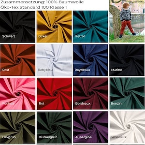 May include: A fabric swatch display featuring various colors of Babycord/Feincord DANIEL fabric. The image includes swatches in black, mustard yellow, teal, rust, light blue, navy, and other colors. The fabric is 145cm wide and weighs 145g/m². The composition is 100% cotton.