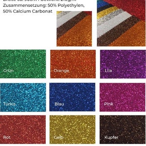 Peut inclure: Un tableau de 12 couleurs différentes de feuilles de mousse pailletée. Les couleurs sont le vert, l'orange, le violet, le turquoise, le bleu, le rose, le rouge, le jaune, le cuivre, l'argent, le noir et le blanc. Les feuilles de mousse mesurent 90 cm de large et pèsent 210 grammes par mètre carré. La mousse est composée de 50 % de polyéthylène et de 50 % de carbonate de calcium.