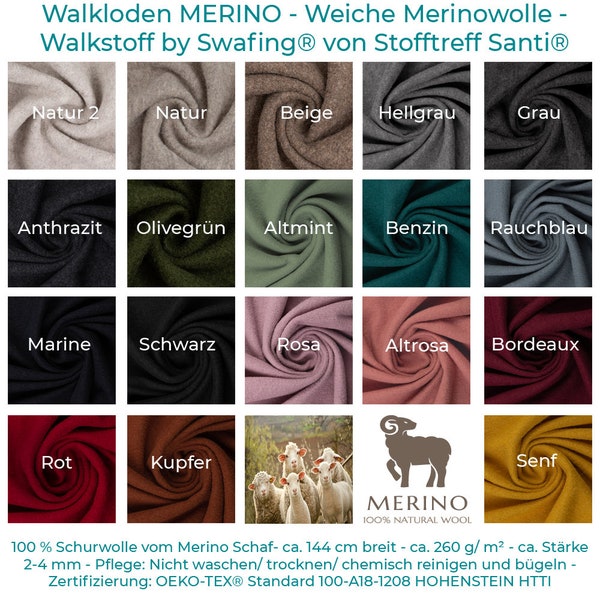 Weicher Walkloden/Walkstoff  MERINO by Swafing® von Stofftreff Santi®-100% gekochte Schurwolle vom Merinoschaf-0,5 m Schritte-Meterware