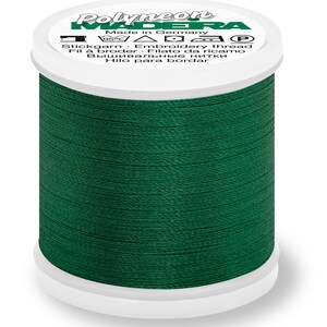 May include: A spool of dark green embroidery thread labeled "Polyneon Madeira" with the text "Made in Germany" and "Stickgarn. Embroidery thread. Fil &agrave; broder. Filato da ricamo. Вышивальные нитки. Hilo para bordar".