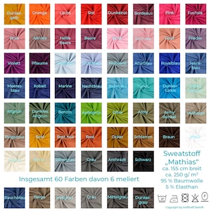 Può includere: Una tabella colori di tessuto con 60 diverse tonalità di Sweatstoff "Mathias". I colori variano dal rosa brillante al grigio scuro, con nomi come "Arancione", "Blu marino" e "Olive". Il tessuto è largo circa 155 cm, 250 g/m², ed è composto da 95% cotone e 5% elastan.