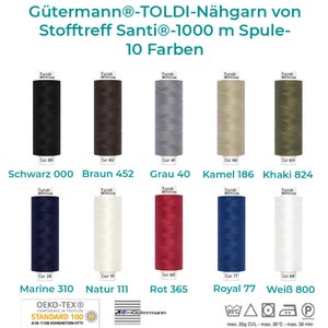 May include: Ten spools of Gütermann® TOLDI® sewing thread, each 1000 meters long. The thread colors are black, brown, gray, camel, khaki, navy blue, white, red, and two shades of beige.