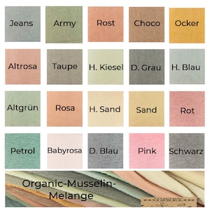 Pode incluir: Uma carta de cores com 20 amostras de tecido, etiquetadas com nomes em alemão. As amostras estão dispostas em uma grade de quatro linhas e cinco colunas. O tecido é uma mistura de musselina orgânica macia. O texto na parte inferior da carta diz "Organic-Musselin-Melange".