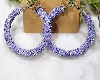 Lavender Glitter Hoops.  FREE SHIPPING