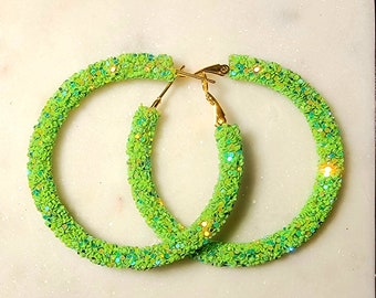 GLITTER Hoop Earrings. Lime Green. FREE SHIPPING