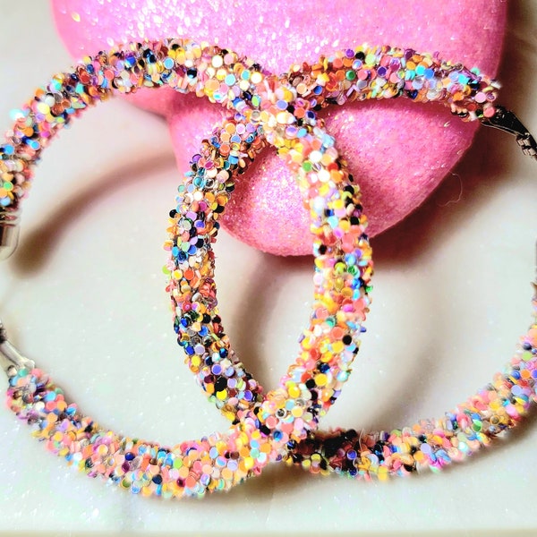 Glitter Hoop Earrings, Confetti Party. FREE SHIPPING