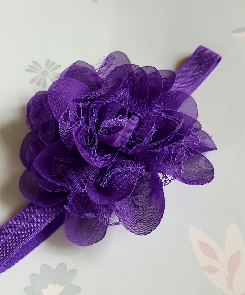 Wedding Party Everyday Hair Accessory. Purple Mauve Elastic Chiffon /& Lace Flower Baby Toddler Headband 14