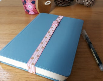 Pink White Striped Love Heart Elastic journal/ notebook / diary bookmark with pen loop. Office accessories. Back to school.