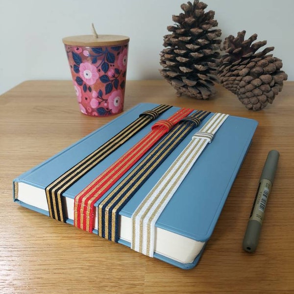 Navy Black White Red with Gold Stripe Elastic journal/ notebook / diary bookmark with pen loop. Office accessories. Back to school.