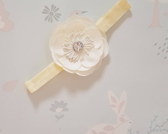 Cream ivory peony flower & gem elastic headband for baby toddler.