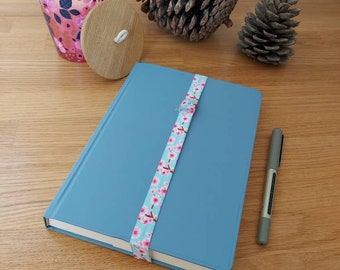 Blue Pink Cherry Blossom Design Elastic journal/ notebook / diary bookmark with pen loop. Office accessories. Back to school.