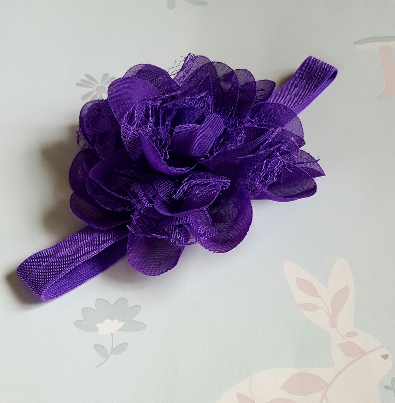 Wedding Party Everyday Hair Accessory. Purple Mauve Elastic Chiffon /& Lace Flower Baby Toddler Headband 14