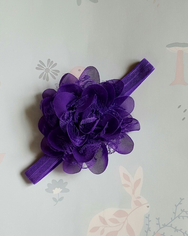 Wedding Party Everyday Hair Accessory. Purple Mauve Elastic Chiffon /& Lace Flower Baby Toddler Headband 14