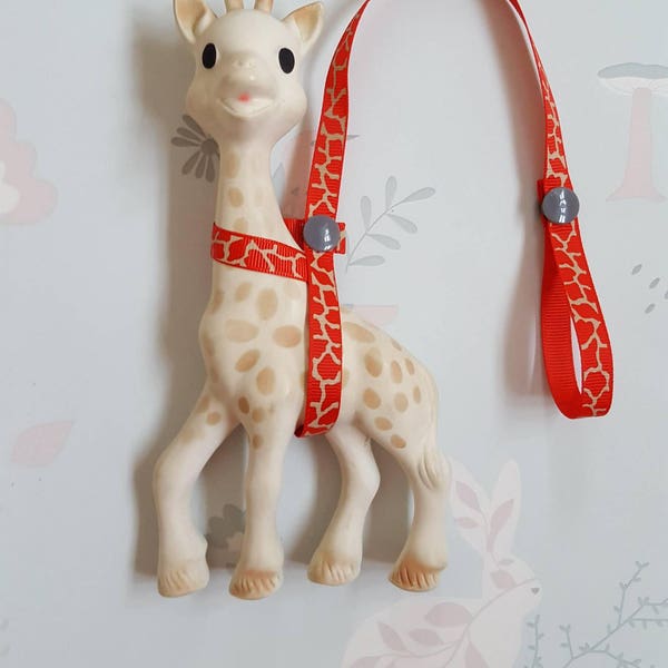 GigglesandHiccups Giraffe Teether Harness Leash Saver Strap Red and Natural Giraffe Print Ribbon with Grey Poppers.