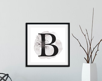 Black & White Watercolor Boho Floral Initial Printable Wall Art, Personalized Monogram Letter Print