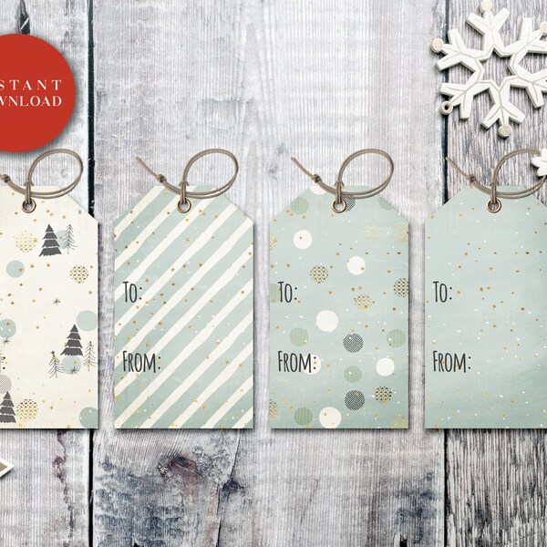 Printable Premade Christmas Gift Tag - Holiday Printable Gift Tag Sheet, Light Green, Gray, Beige, Modern, Gold, Stripes, Dots, Trees