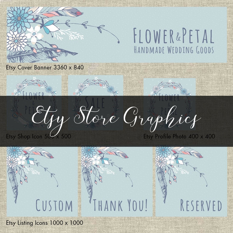 Feather Illustration Profile Banner Avatar DIY Graphic Design Premade Etsy Store Graphics Set-Light Blue Flower Shop Icon