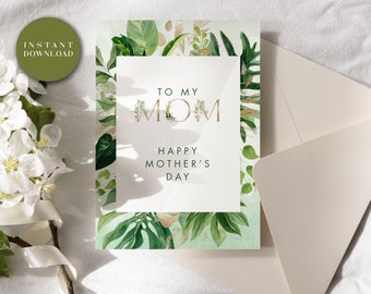 A6 4.625 x 6.25 Carta stampabile per la festa della mamma felice Download istantaneo, acquerello, tropicale, giungla, foglie verdi, a mia mamma