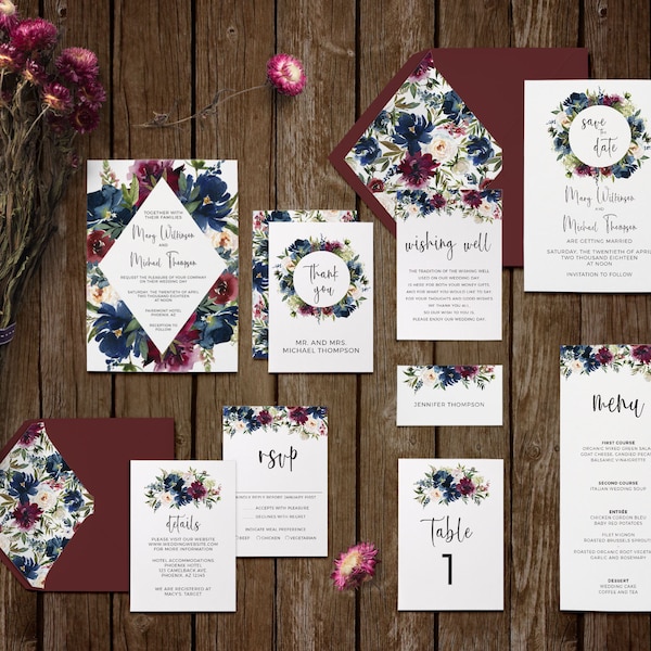Navy Blue & Burgundy Watercolor Floral Downloadable Wedding Invitation Template  - Printable Wedding Invitations Set Template PSD Files