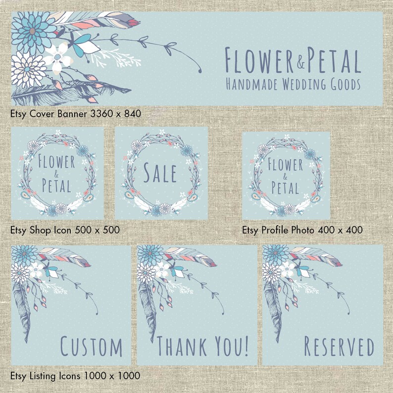 Feather Illustration Profile Banner Avatar DIY Graphic Design Premade Etsy Store Graphics Set-Light Blue Flower Shop Icon