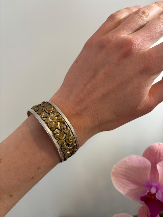 Antique Floral Repousse Bangle, Solid Silver and … - image 1