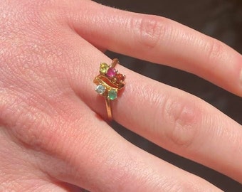 Anillo vintage de oro amarillo macizo de 14 quilates con piedras preciosas mixtas, talla 7