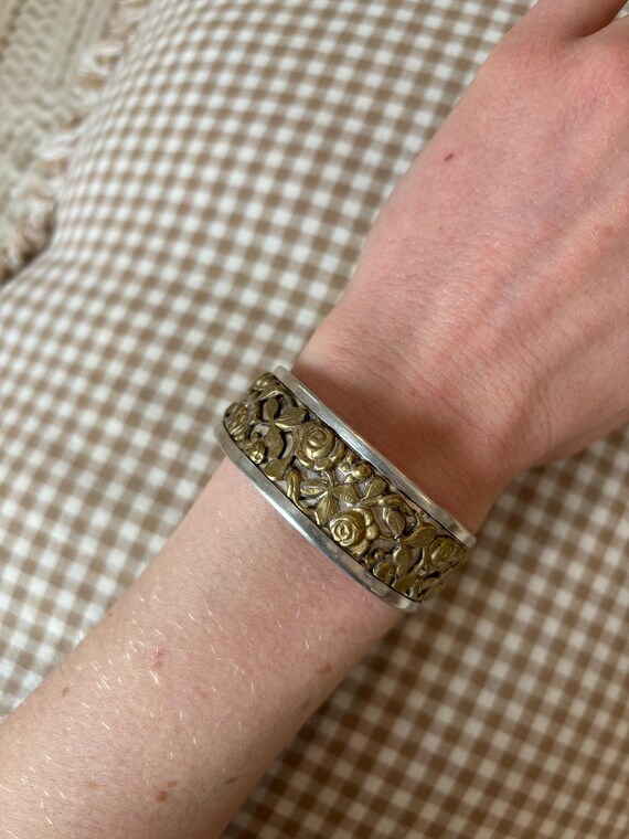 Antique Floral Repousse Bangle, Solid Silver and … - image 2