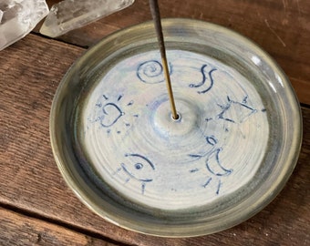 Stoneware Incense Burner - Sigil Signs - Incense Stick Holder - Handmade Pottery Dish - Small Incense Dish - Blue Ceramic Dish