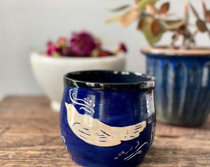 Blue Bird Pottery Planter - Cottagecore - Handmade Ceramic - Woodland Pottery - Plant Lover Gift - Whimsical - Cobalt Spring Flowers