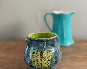 Luna Moth insect - Blue Green Pottery - Nature Ceramic - Cauldron -  Magical Gift - Handmade Handcrafted Butterfly Art - Handpainted Glazed