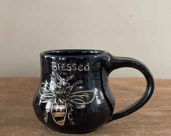 Handmade Blessed Bee Pottery Mug – Black Gold Witchy Gift Ceramic Cup